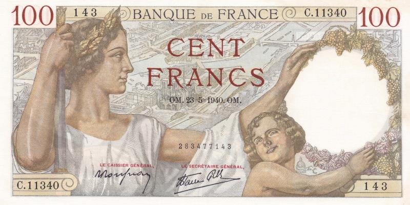 프랑스, 100프랑,
1940, 미사용
